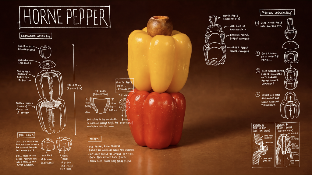 Towering stack of a yellow bell pepper atop red bell peppers, set against a brown backdrop with chalk-drawn diagrams surrounding it (food science theme).