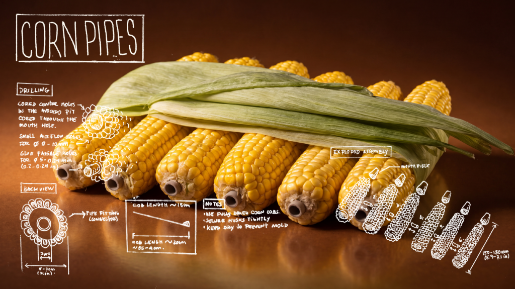 Corn on the cob with green husks, overlaid by white chalk diagrams and handwritten notes about corn pipe fabrication.