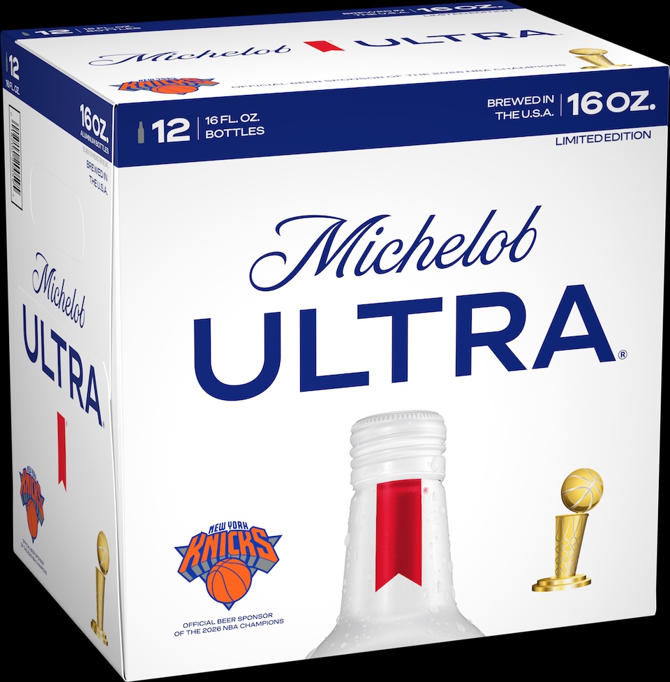 Box of Michelob Ultra beer, 12 16-fl-oz bottles, with Knicks sponsorship logo and NBA trophy icon on front.
