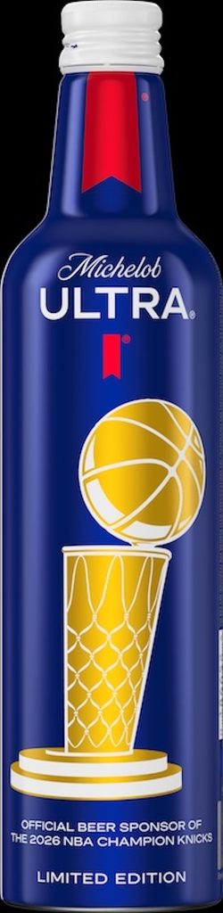 Blue Michelob Ultra beer bottle featuring a gold basketball and trophy cone graphic, with 'Official beer sponsor of the 2026 NBA Champion Knicks' and 'Limited Edition' text.
