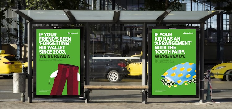 Two bright green ads at a city bus stop with a red-legged figure on the left and a blue umbrella on the right, yellow taxis visible in the background.